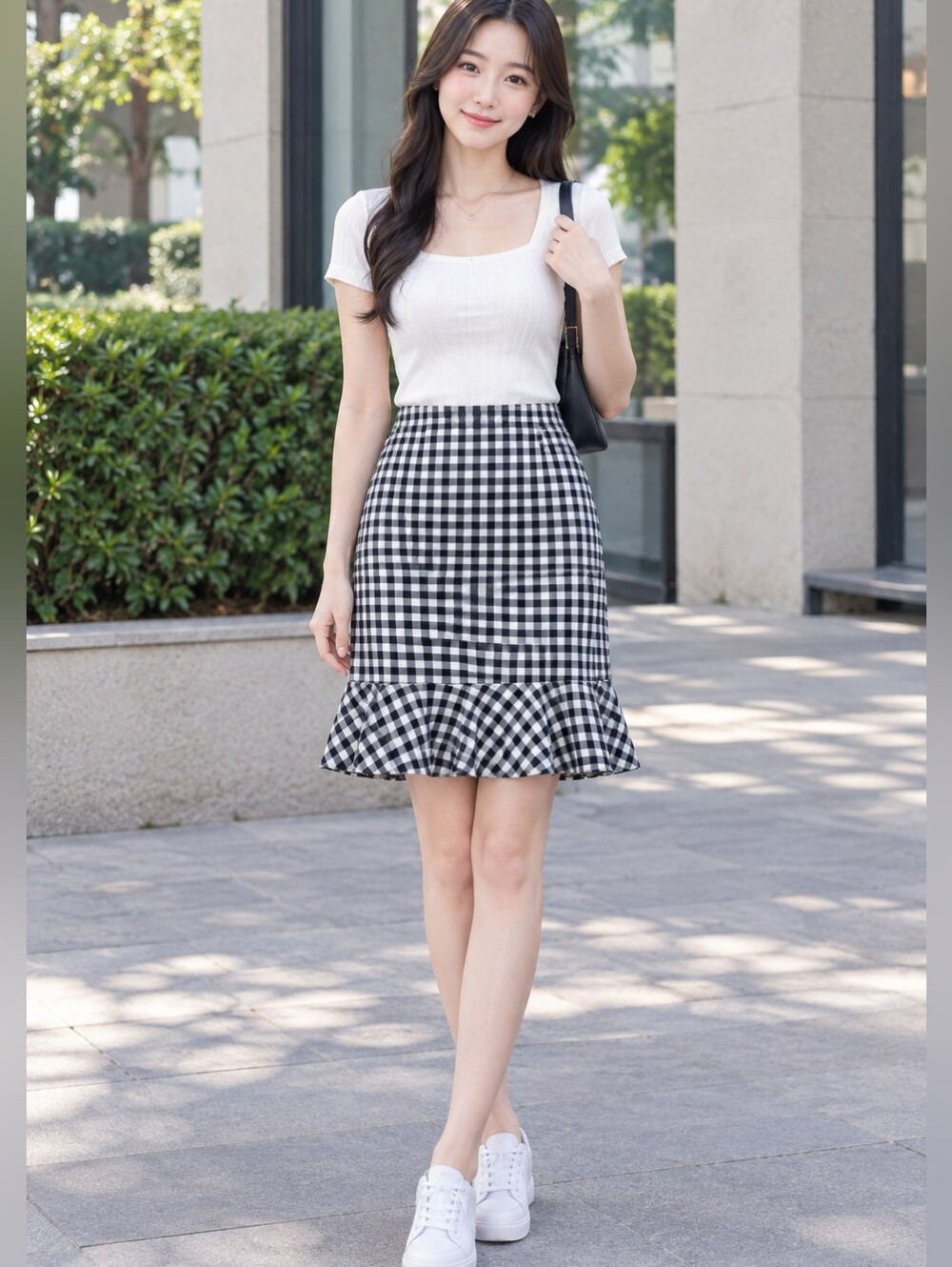 NYCC Gingham Ruffle-Hem Midi Skirt Stretchy  Size M